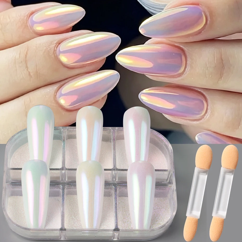 6er-Set Aurora Perlglanz Chrom Nagelpuder Hochglanz Schillernder Spiegel-Nagelglitter Reibstaub Nageldekorationszubehör