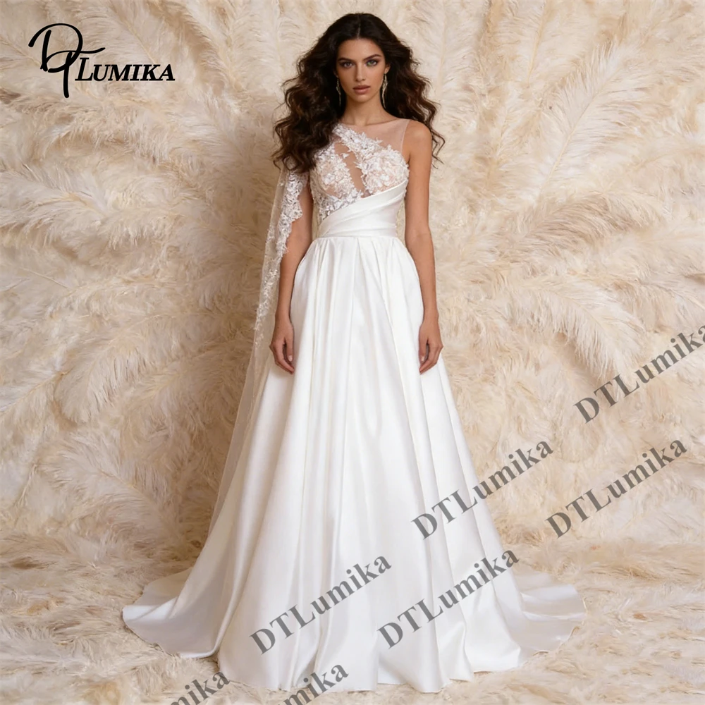 

Satin Wedding Gown Asymmetrical Lace Applique A-Line Train Dress for Estate Wedding Garden Ceremony Bride Dress Tailored Bridal