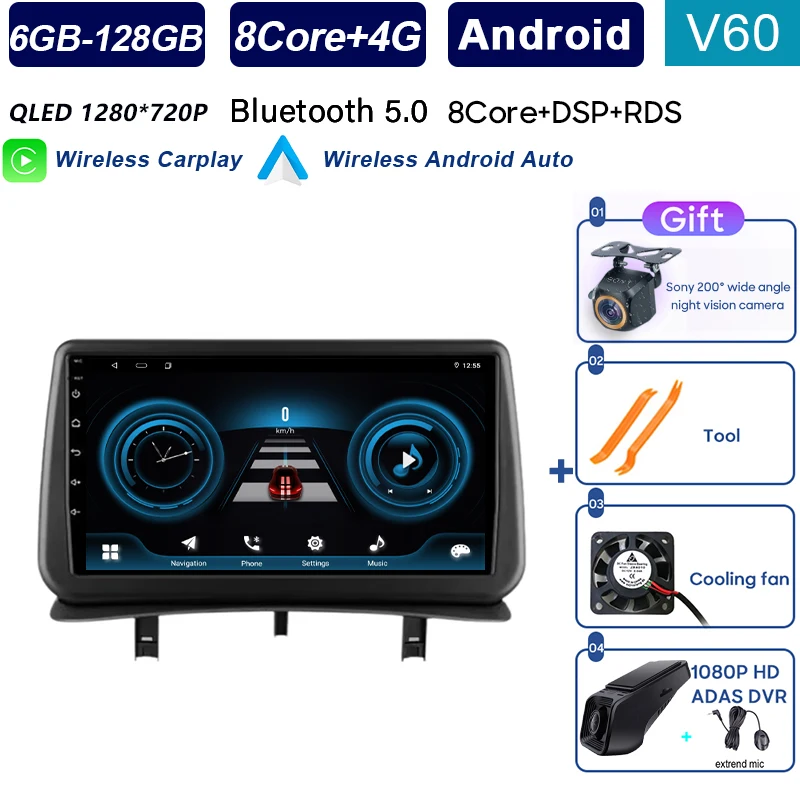 Inefala 4G 64G 9 touchscreen autoradio voor Renault Clio 3 2005-2014, radio met draadloos CarPlay en Android Auto, GPS, wifi, Bluetooth, RDS, FM, USB, SWC, microfoon, achteruitrijcamera