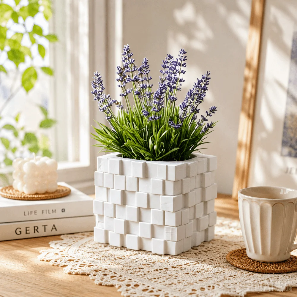 Ornaments 3D Printed Cube Flower Pot Creative Vase Modern Geometric Planter Building Block Style Home Decoration Window Sill