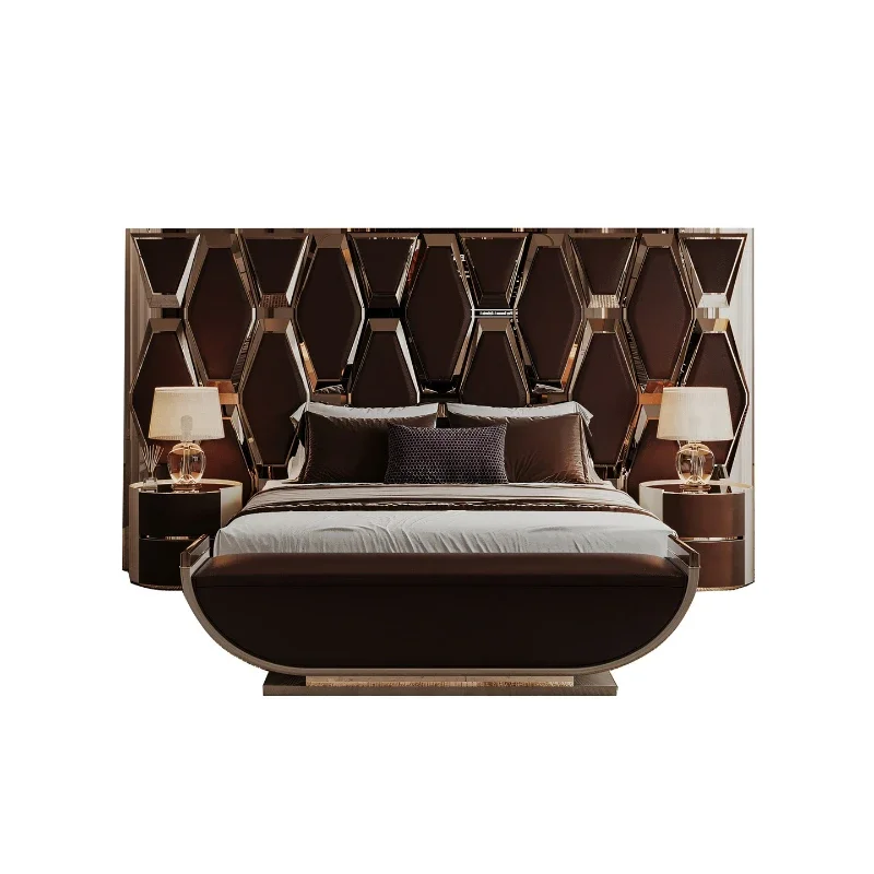 High-end leather double bed, light luxury creative villa model room, designer master bedroom, high-back fabric bed