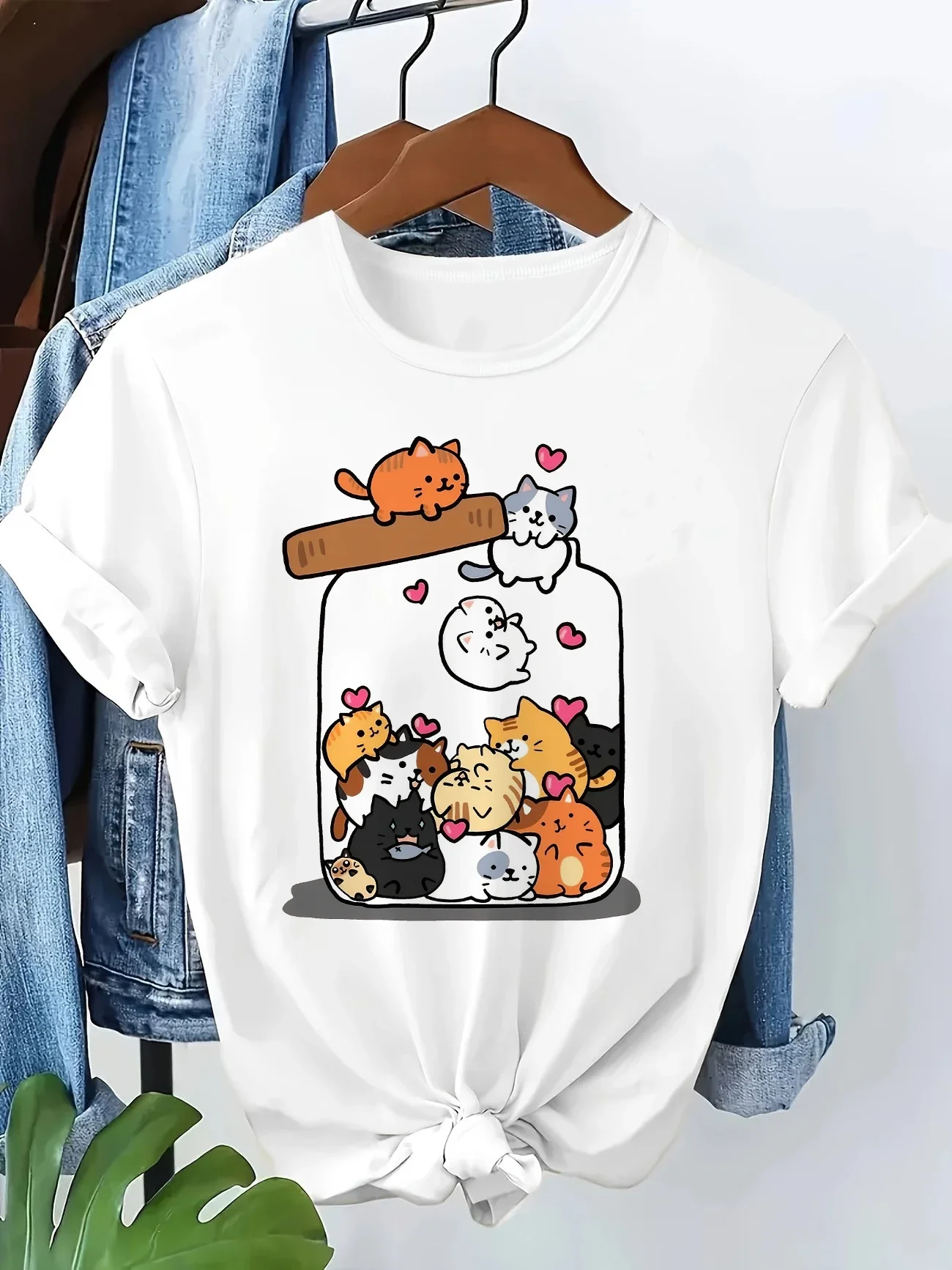Fashion Funny Cat Short Sleeve T-Shirt round Neck Women's Men Kids Casual Summer Breathable Clothing Letter Print