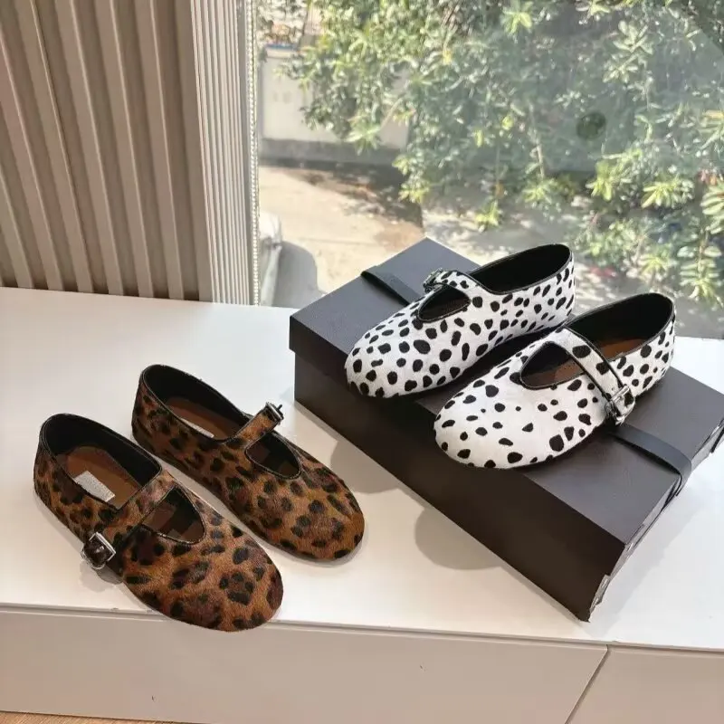 Designer Brand Original Light Luxury French Leopard Print Horsehair Mary Jane Shoes Women's Singles Flat Ballet Shoes