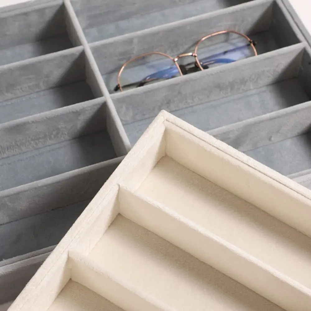 

Beige Grey Sunglass Organizer Velvet Stackable Glasses Holder Removable Internal Dividers Glasses Storage Organizer