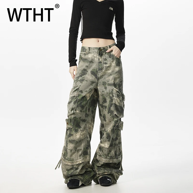 

WTHT винтажные мужские тяжелые непромокаемые джинсовые брюки с большими карманами, модные камуфляжные джинсы с высокой талией, мужские осень 2023, 2A1520