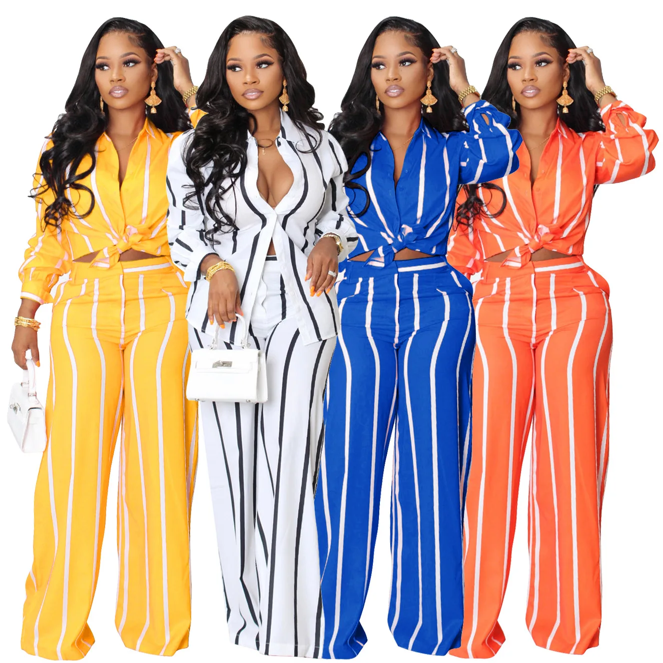Hot Sale Of The Season Southeast Asian Women's Printed Stripe Long Sleeve Loose Straight Tube Shirt Set Two-Piece Set Cotton Pol