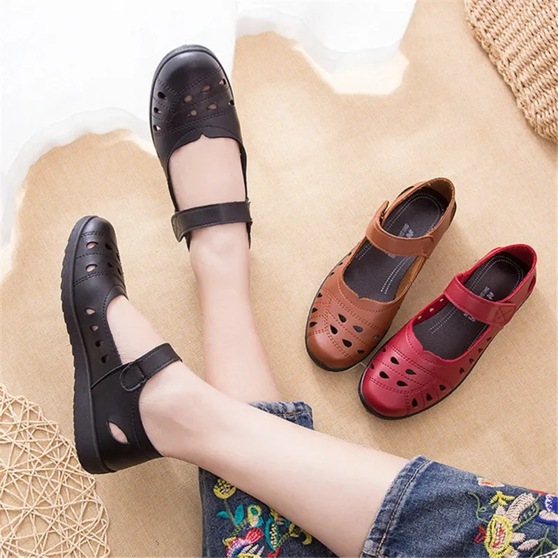 BEYARNE Summer Ballet flat shoes woman hollow leather Mary Jane casual shoes ladies genuine moccasins shoes woman Sapato