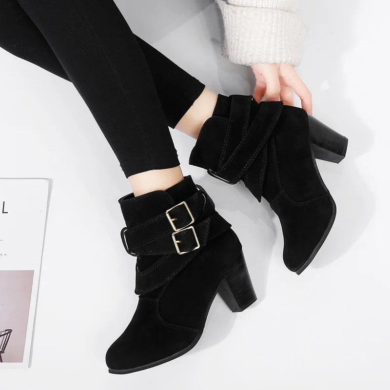 Women High Heel Ankle Boots Suede Belt Buckle Short Boots Women\'s High Heels Platform Autumn Shoes Ladies Booties Retro Plus 43