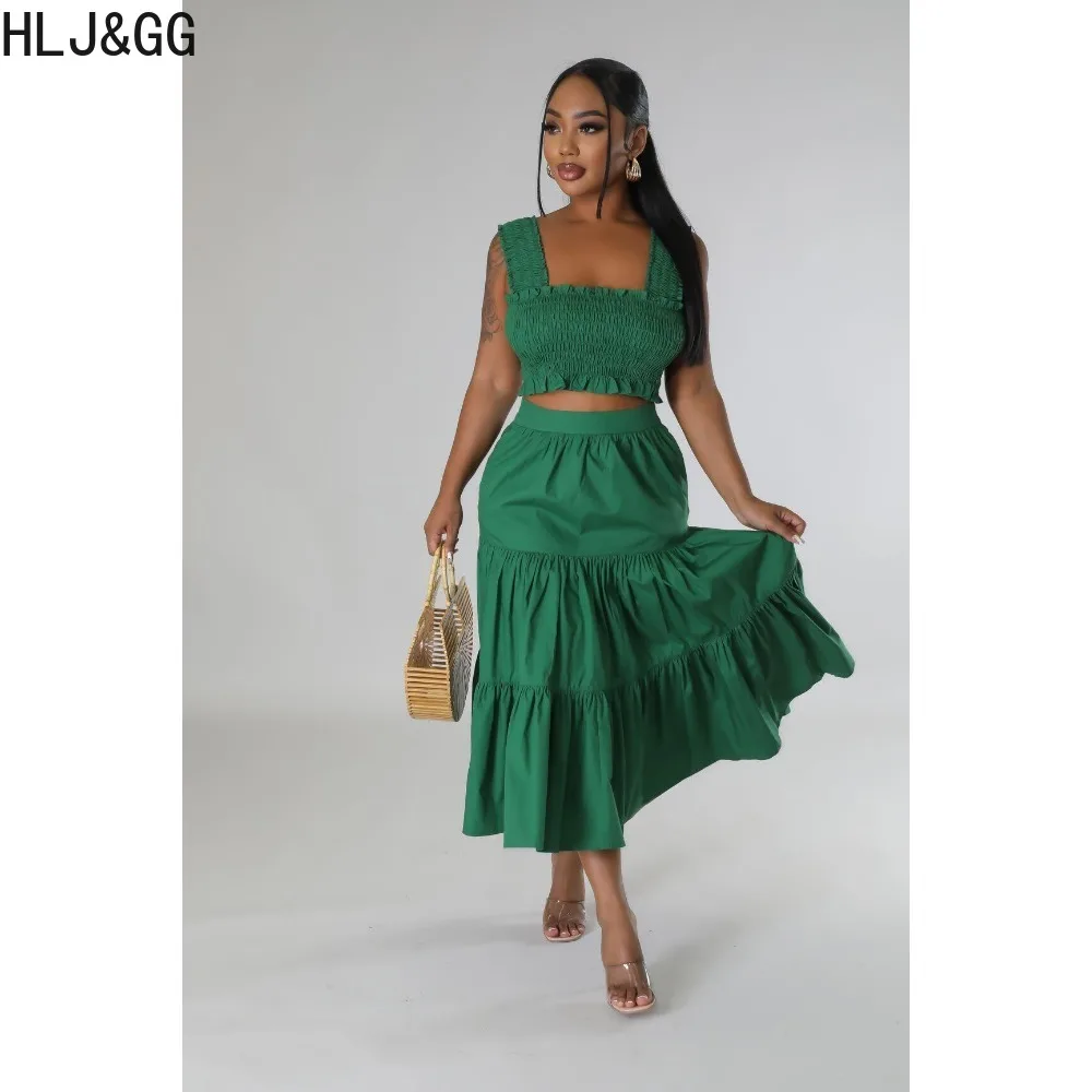 HLJ&GG Spring New Solid Ruched Skirts Two Piece Sets Women Splicing Strap Sleeveless Crop Top And Skirts Outfits Female Clothing