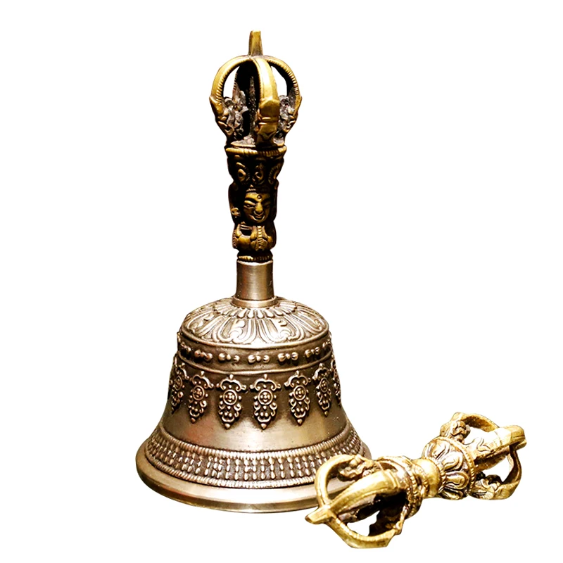 Nepal Handmade Brass Tibetan Bells Chimes Big Buddhist Meditation Bell with Dorje Vajra Yoga Meditation Sound Healing Instrument