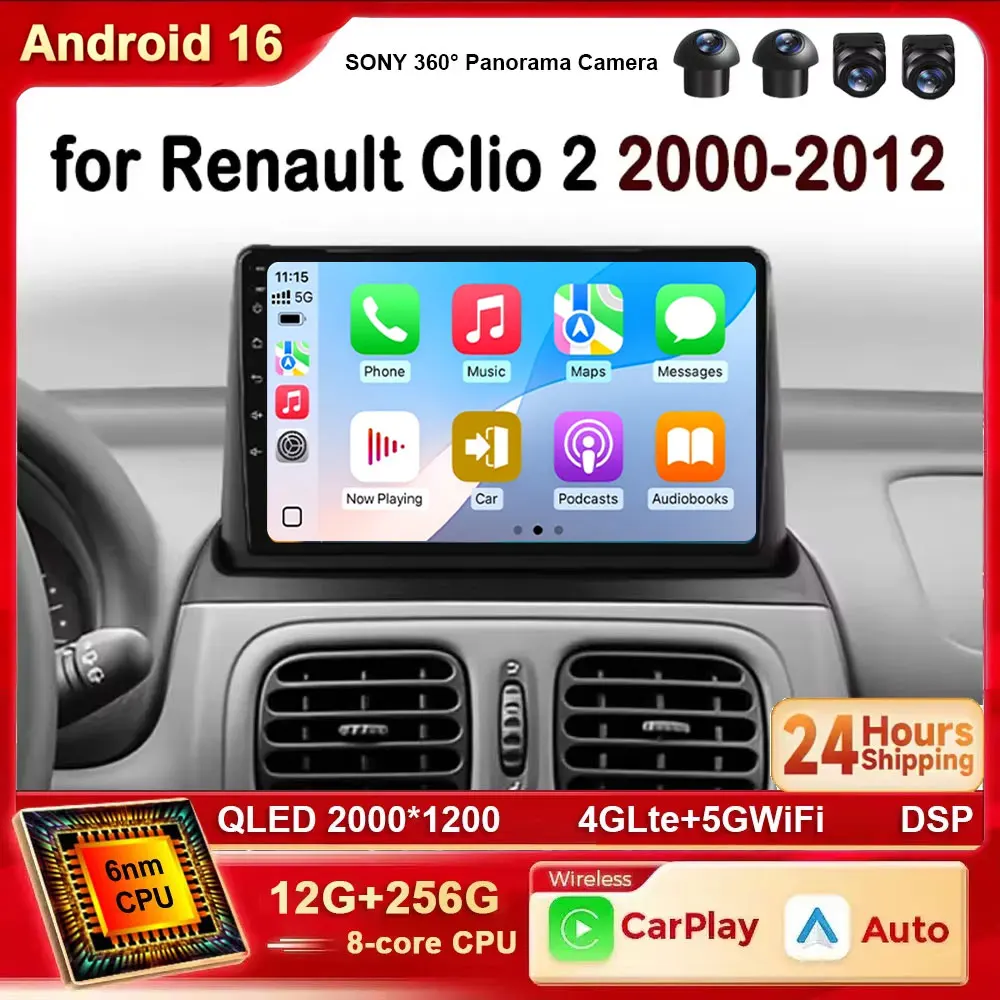 Android 16 Car Radio Navigation Player For Renault Clio 2 BB CB MK2 2000-2012 2K  QLED Carplay Auto Stereo GPS Video DSP 4G WIFI