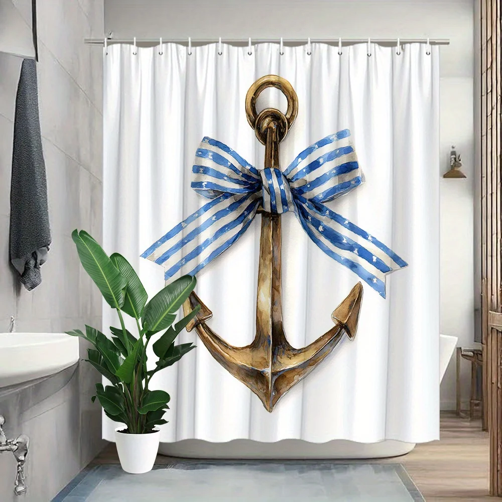 

Shower Curtain Nautical Golden Anchor Blue White Stripes Bow Star Pattern Polyester 70.8x70.8 Inch Machine Washable