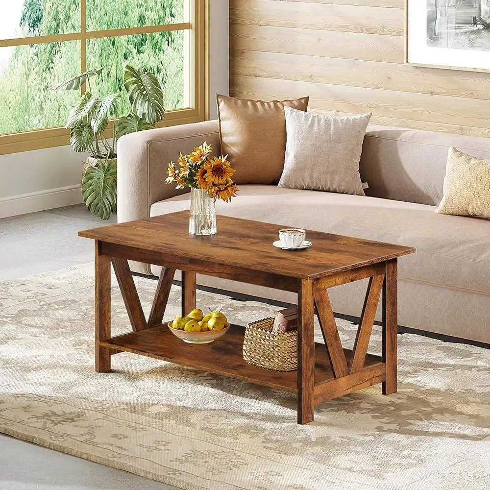

Table With Storage Shelf, 39.4 Farmhouse Coffee Table With VFrame Support, 2Tier Wood Rustic Center Table For Living Room, Bedr