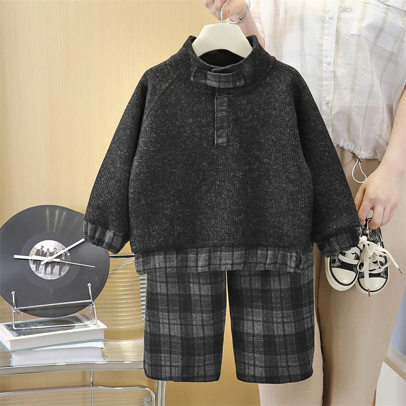 Kids Thick Clothes Suits Boys Fashion Mid-Neck Sweater Loose Trousers 2Pcs Children Autumn Winter Thermal Comfort Clothing view 3