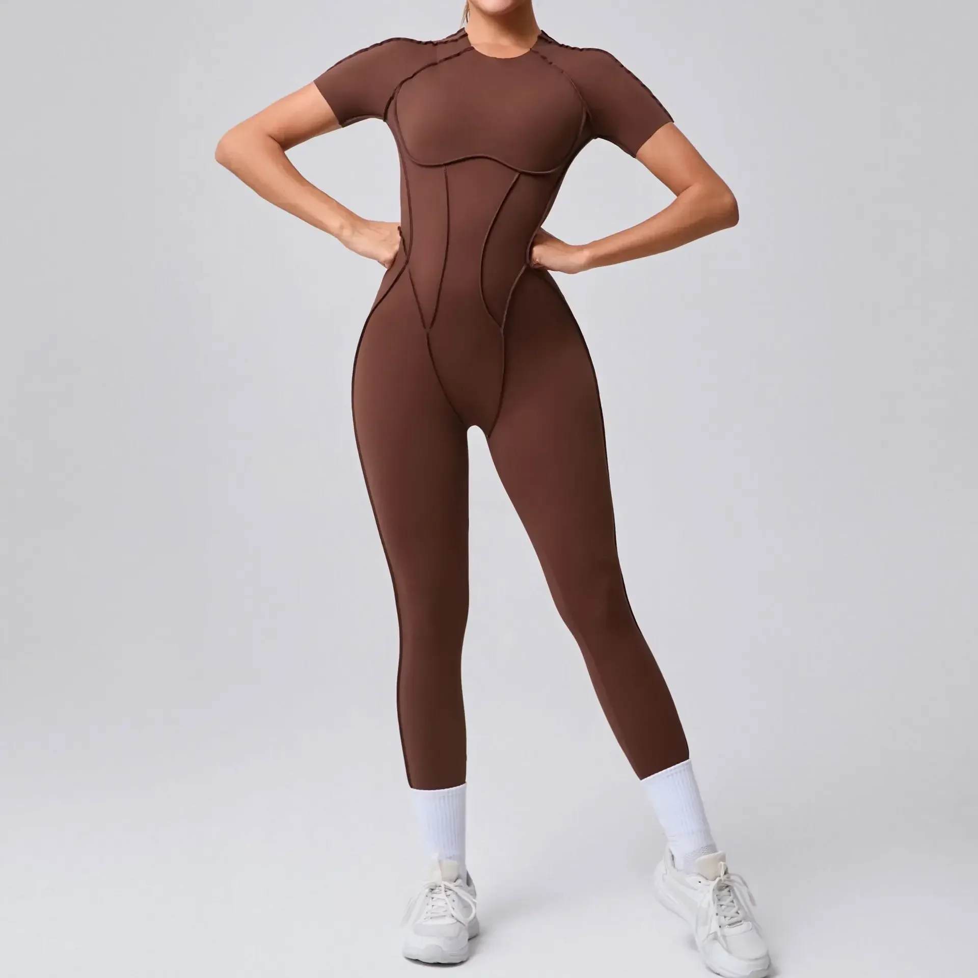 

Seamless Yoga Jumpsuits Sports Fitness Hip-lifting Backless Short-sleeved One-piece Workout Gym Leggings Tracksuits for Women