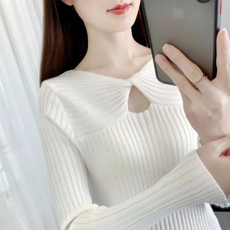 Autumn Winter Solid Color Sweater Knitted Casual Women\'s Clothing Screw Thread Pullover Hollow Out V-Neck Fashionable Tops