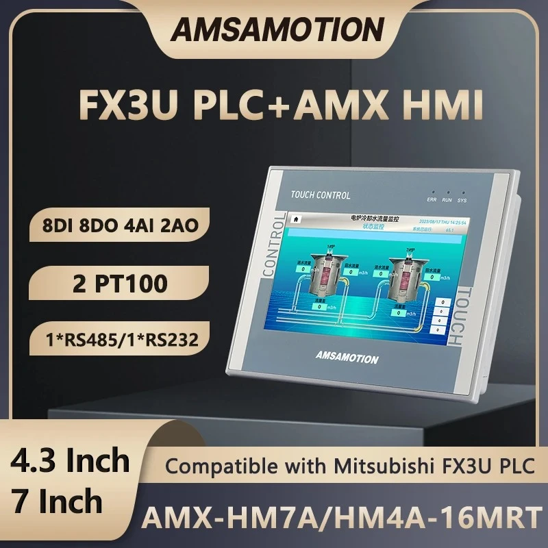 AMSAMOTION 4.3/7 Inch HMI PLC All-in-one Touch Panel Compatible Mitsubishi FX3U 8DI8DO 4AI2AO PT100 RS485 RS232 Control Panel