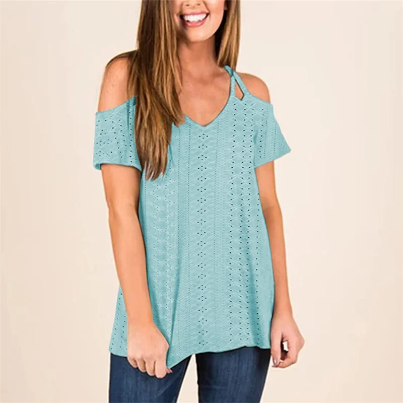 

Women's Double Straps Off The Shoulder T-Shirt 2023 Summer V Neck Hollow Out Loose Tees Female Solid Color Casual Commuter Tops