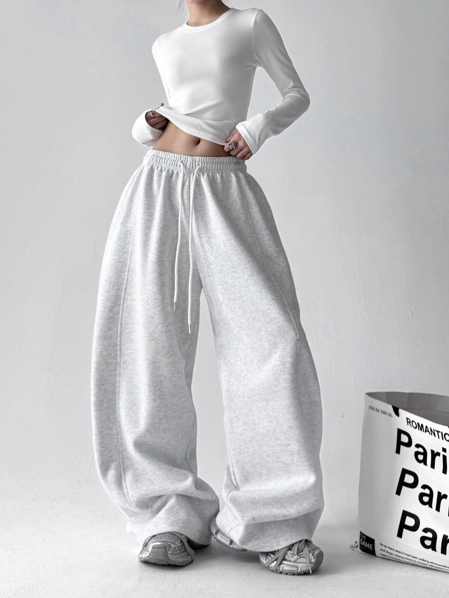 White ey Wide Leg Pants Women's Loose Comfortable Spor Casual Trousers High Waist Polyester Cotton Blend Winter Faion