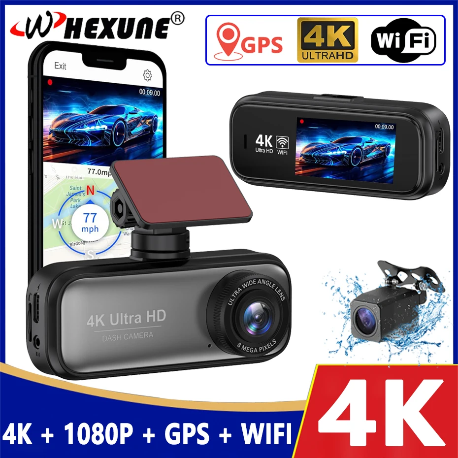 WIFI Dash Cam UHD 4K for Car Camera Night Vision With GPS 24h Parking Loop Record 4K Front and 1080P Rear Dual Lens