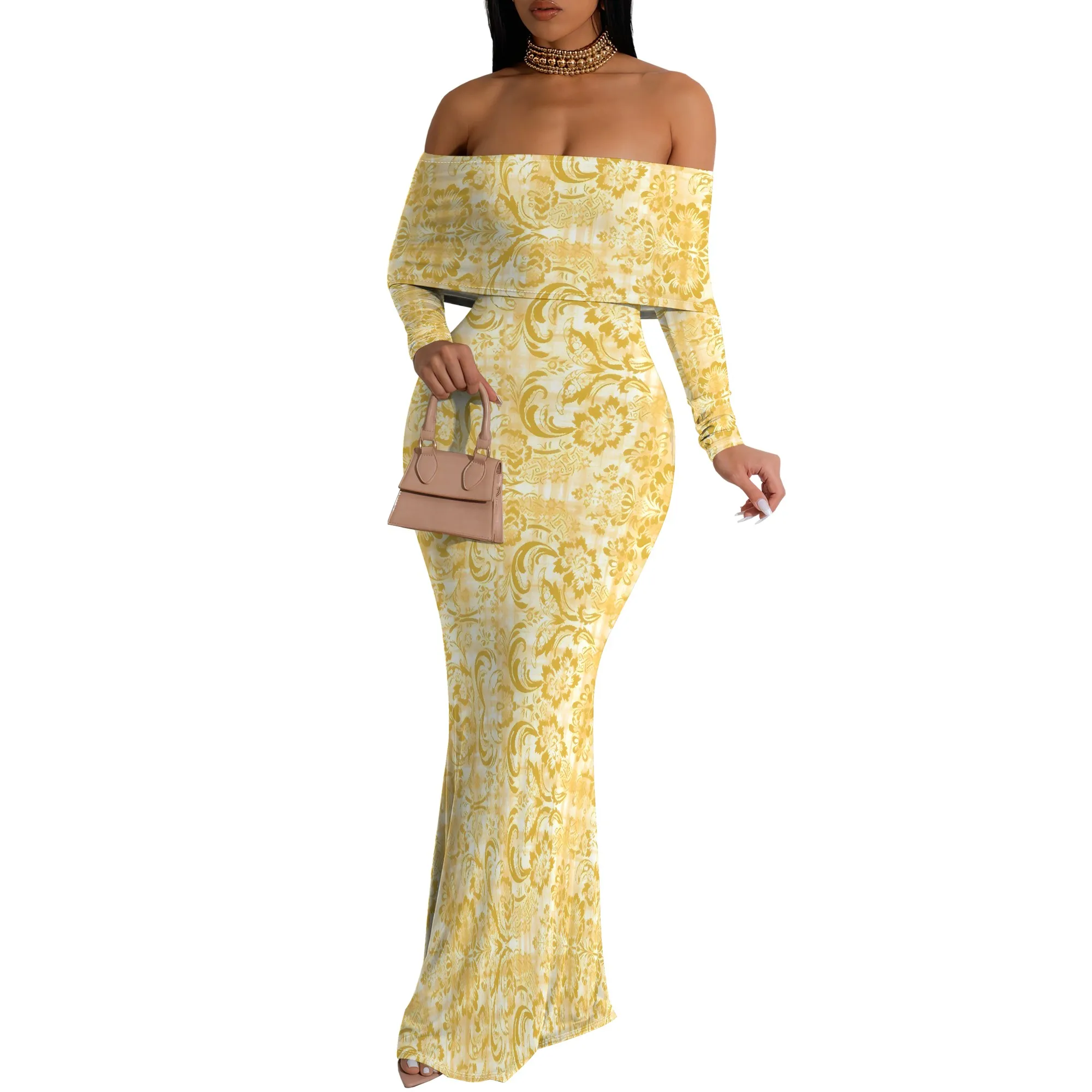 Robe longue à imprimé floral coloré, épaules dénudées, manches longues, moulante, pour rendez-vous ou soirée