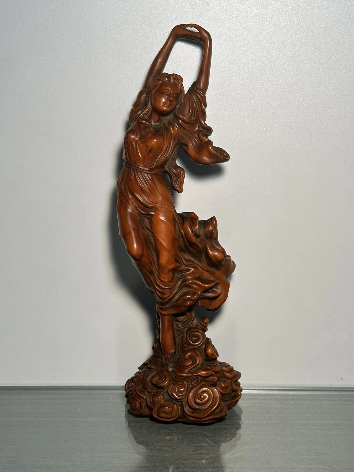 Chinese Wood Carved Boxwood Pretty Woman Girl Statue Wooden Sculpture Home Decor