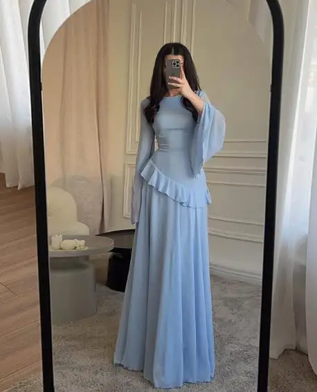 

Autumn Solid Color Premium Texture Elegant Waist Cinched Dress for Women's Fashion Dinner Party Trumpet Sleeve A-Line Dress