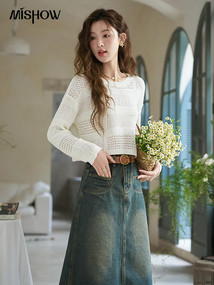 MISHOW Round Neck Hollow Out Knitted Striped Top for Women 2024 Korean Solid Loose Casual Pullovers Tops Office Lady MXD14Z0404