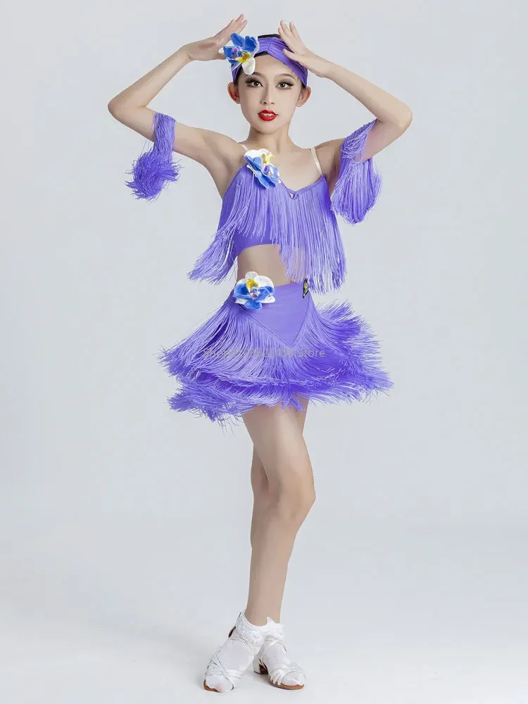 

Girls Latin Dance Dress Fringe Latin Dance Clothes Kids Competition Salsa Costume Child Cha Cha Rumba Ballroom Tango Dresses