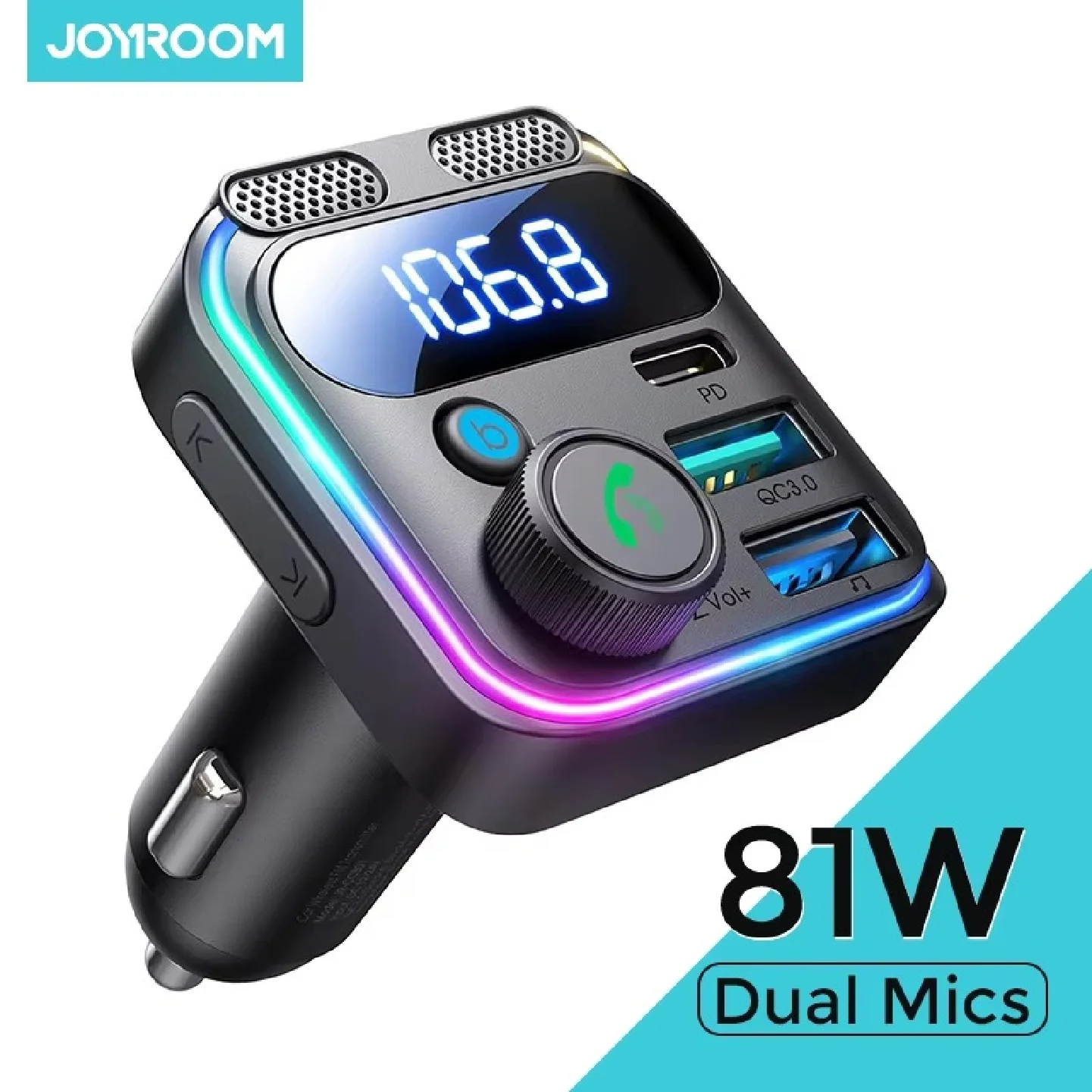 JOYROOM 81W Bluetooth 6.0 Car FM Transmitter Dual Mics PD&QC 3.0 Car Fast Charging Charger Adapter U Disk Hands-Free Calling