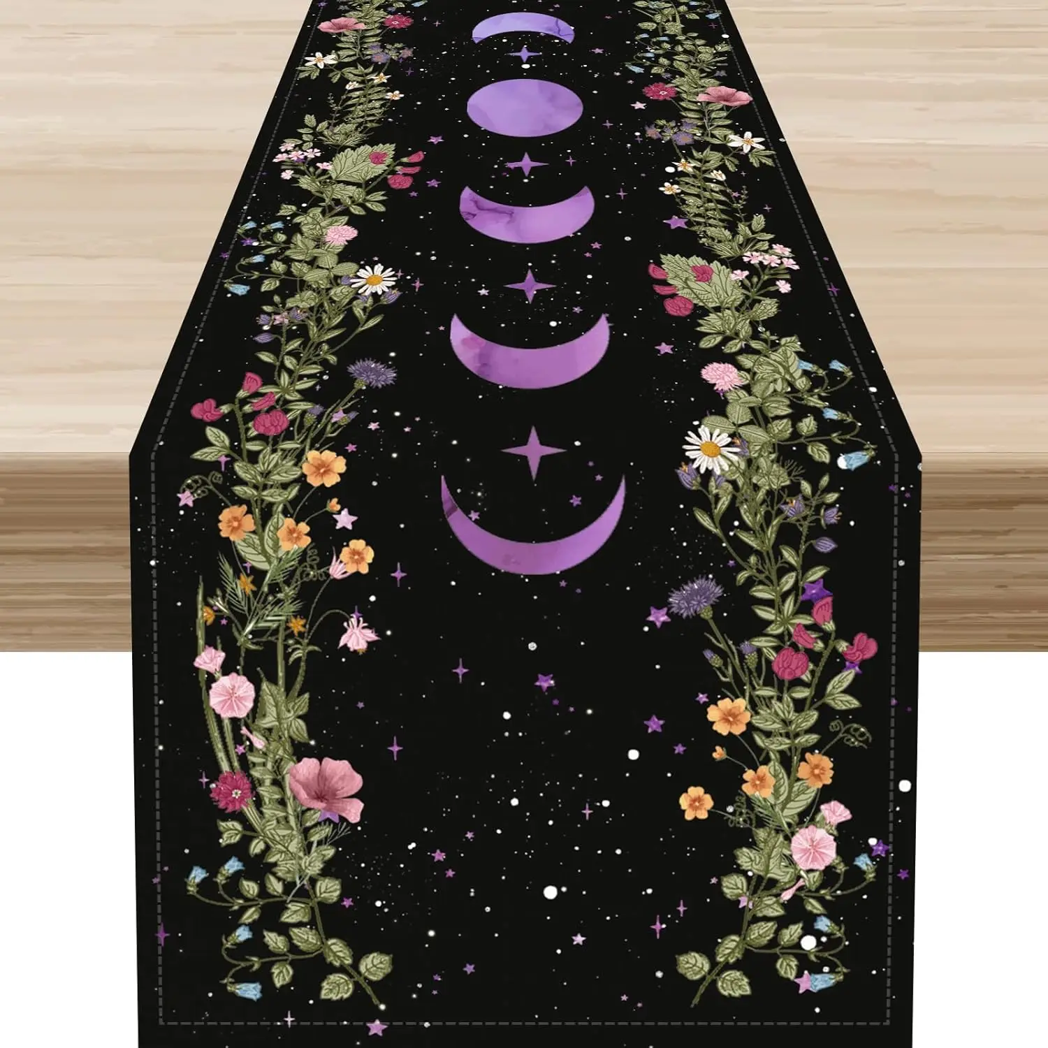Böhmischer mystischer Tischläufer |   Gotische Wildblumen + Mondphasen und Sterne |    Feiertagsfeiern, Couchtisch-Mittelstück und rustikal