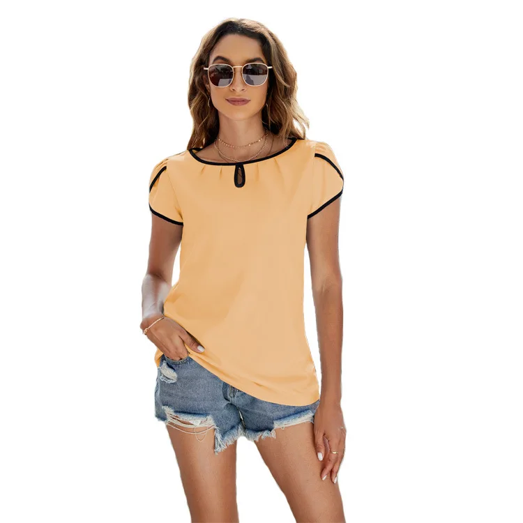 YJKDYK 2024 New Summer Top Women Loose Short Sleeved T-shirt Contrast V-neck Pullover Top Women's T-shirt Soft Comfy Tees