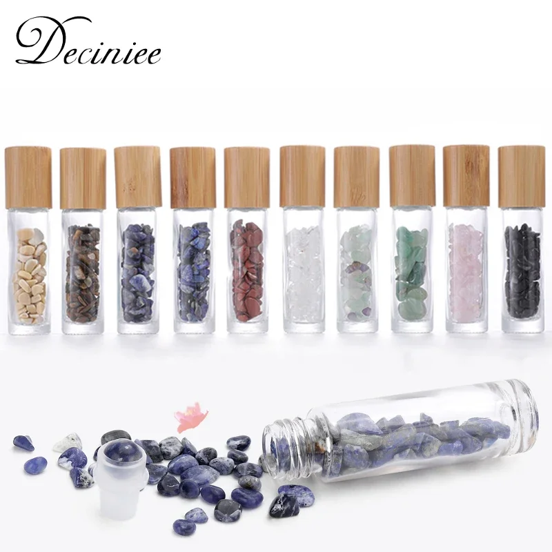 10 Packs 10ml Roll On Bottle With Gemstone Rollerball Crystal Chips Bamboo Lids Glass Roller Bottles Essential Oil Sample Bottle