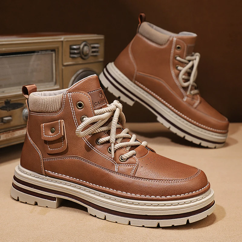 Mens Sports Shoes 2026 High Top Solid Colour Flat Footwear Fashion Running Sneakers Pu Leather Sports Ankle Boots Outdoor Rubber