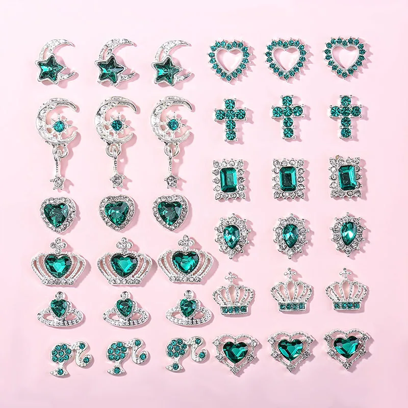 12Pcs Star Nail Charms Crystal Heart Butterfly Assorted Gems Silver Rhinestones Pearls For Nails Y2K Nail Jewels For Nail Art