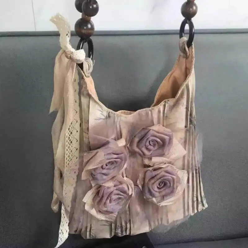 빈티지 우아한 패치워크 플로럴 숄더백 여성 패션 Y2K 감성 핸드백 한국 신상 요정 주름 언더암백 트렌디