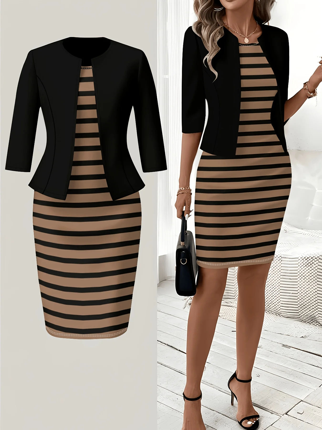 Printed design Casual Style Black And Tan Horizontal Stripes Round Neck Tank Dress Set