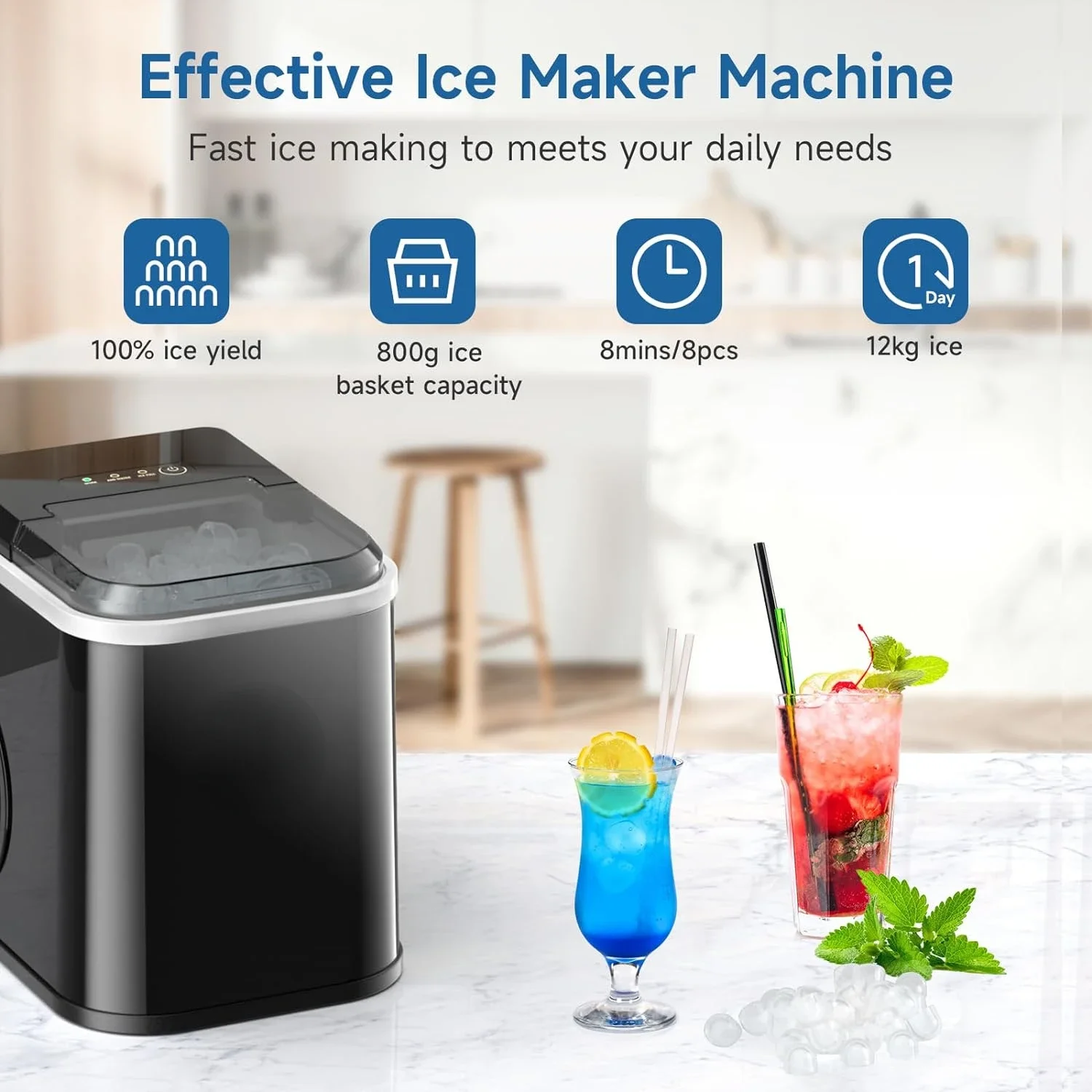 Convenient Self-Cleaning Ice Maker Machine with Handle for Countertop Use, Produces 26.5lbs of Ice in 24 Hours, Delivers 8 Cubes