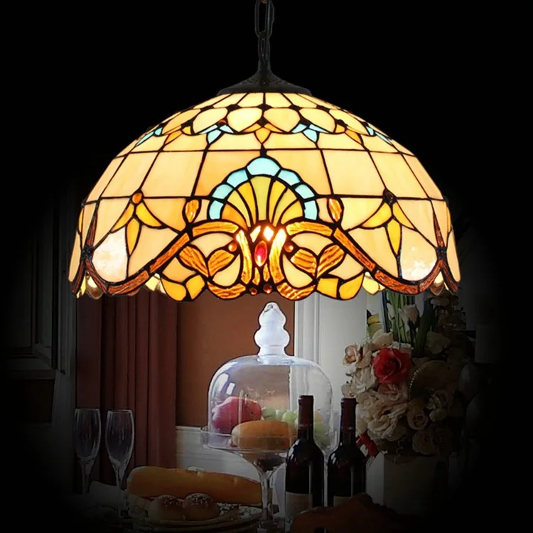 Tiffany Vintage Colored Glass Baroque Restaurant Living Room Bedroom Balcony Pendant Lamp 16 inch 40CM Glass Hanging Light