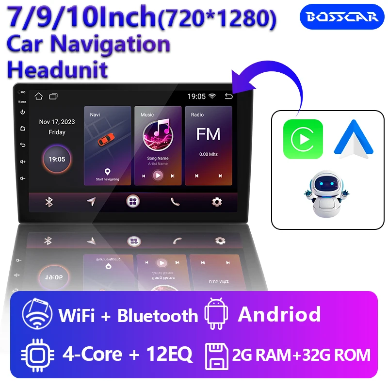 

BOSSCAR 7"9"10"Universal 2 Din Automotive Car Radio Multimedia Video Player Wireless Carplay Android Auto TouchScreen FM BT
