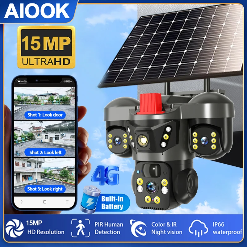 

AIOOK V380 Solar Camera Outdoor Waterproof Three Lens Camera HD 15MP 4G CCTV Night Vision IP66 Waterproof Two-way Intercom