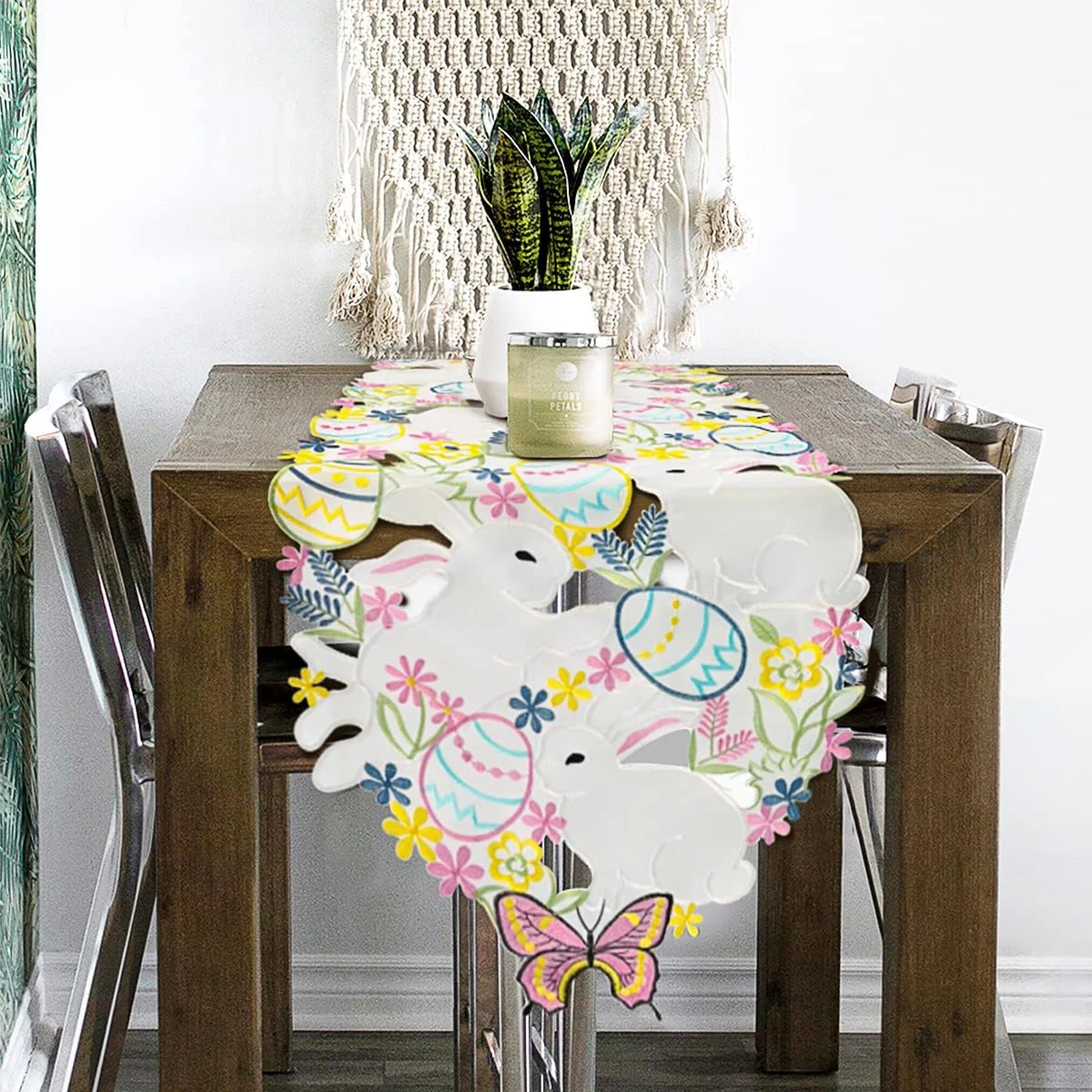 Happy Easter Table Runner Embroidered Colorful Bunny Butterflies Table Cover Spring Dinner Decorations Home Supplies