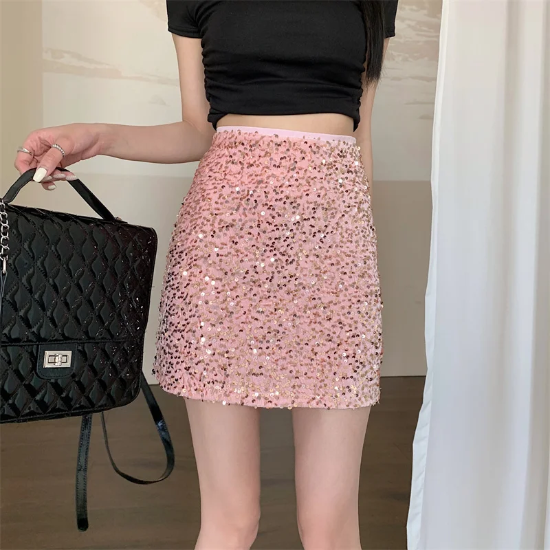 

Модная сексуальная розовая юбка с пайетками, новинка весна-осень, женская юбка с высокой талией, облегающая, А-силуэт, универсальная короткая мини-юбка.