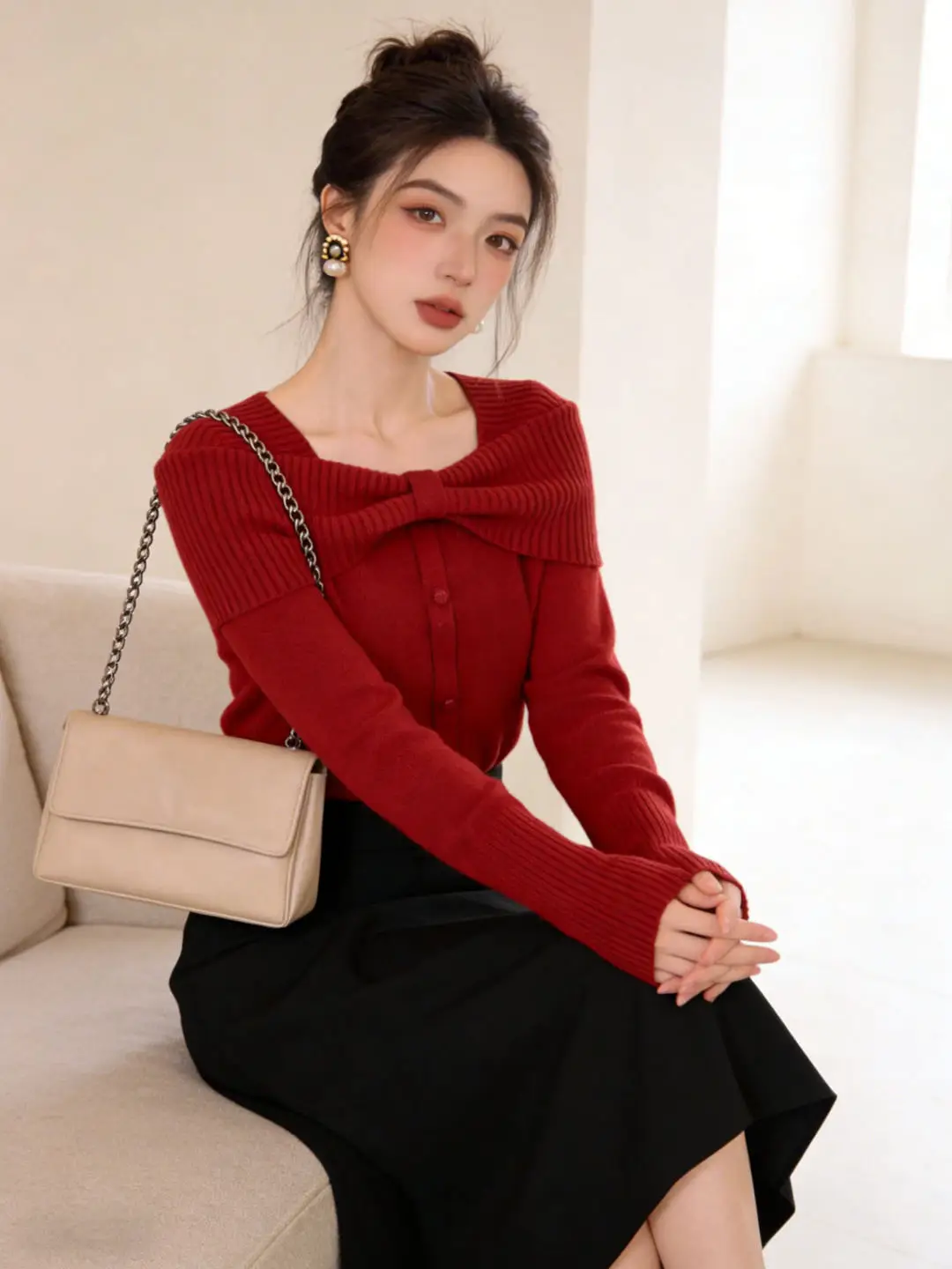 Red Knot Knitted Base Shirt Women's Autumn Winter Unique Design Inner Wear Not …