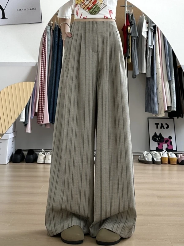 

Свободные женские полосатые костюмные брюки, корейские повседневные брюки с высокой талией Lazy Faion, удобные свободные прямые брюки