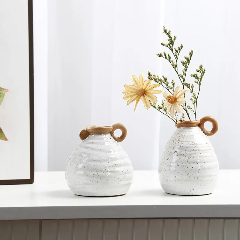 Vase Retro American Country Desktop Home Hydroponic Flower Decoration Color Contrast with Handle Ceramic