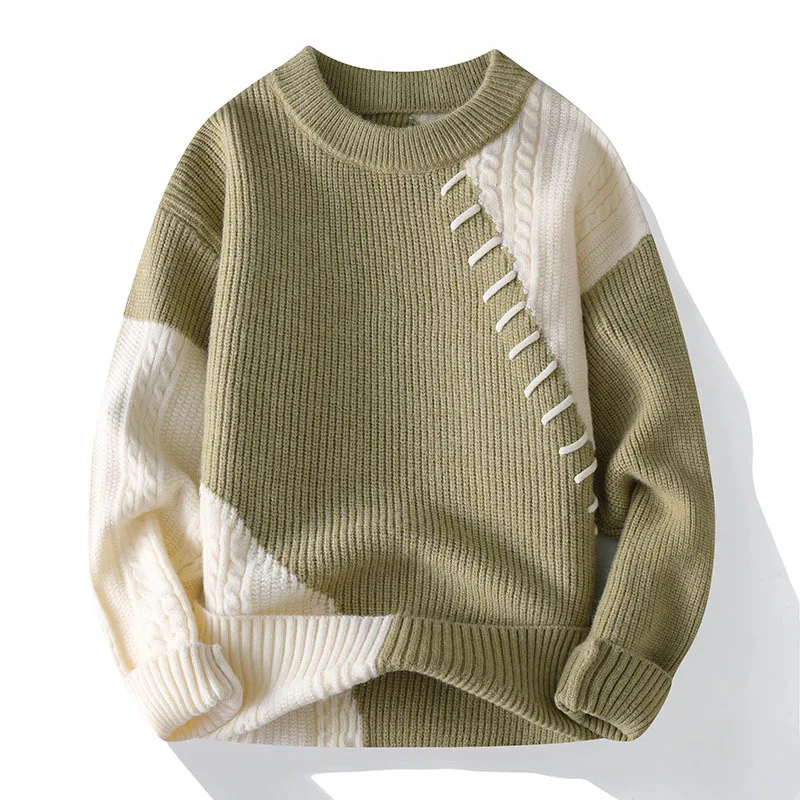 Men's new autumn and winter pullover round-neck chunky knit long-sleeve striped sweater, warm casual knitwear