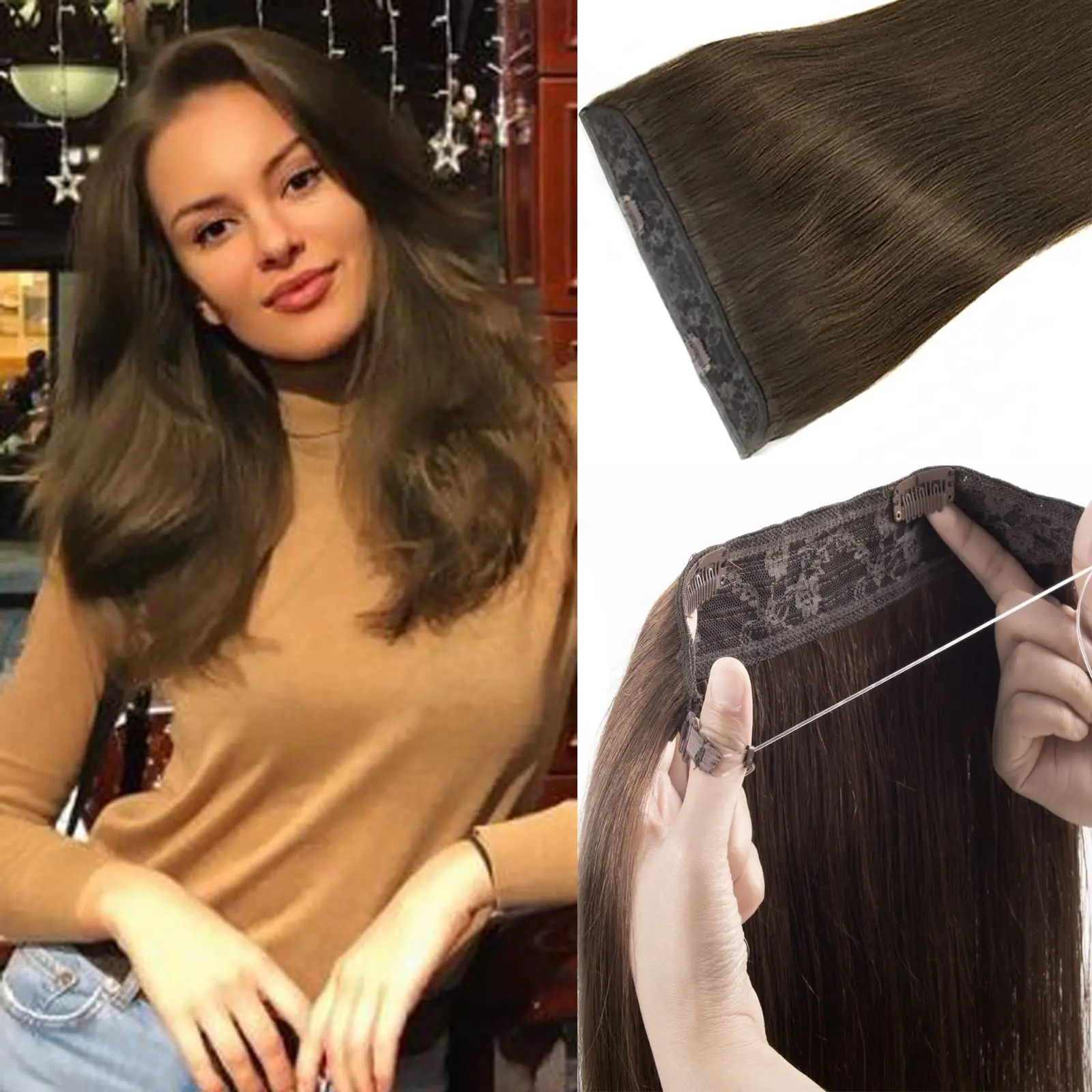 

Наращивание утка рыбной лески, цельные 100% человеческие волосы, 12-26 дюймов # 2. Темно-коричневый раствор для тонких волос в области корон