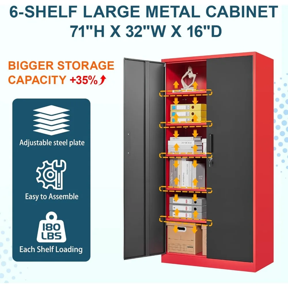 Gabinete alto de almacenamiento de acero con 5 estantes, puertas con cerradura para una organización segura de despensa de garaje