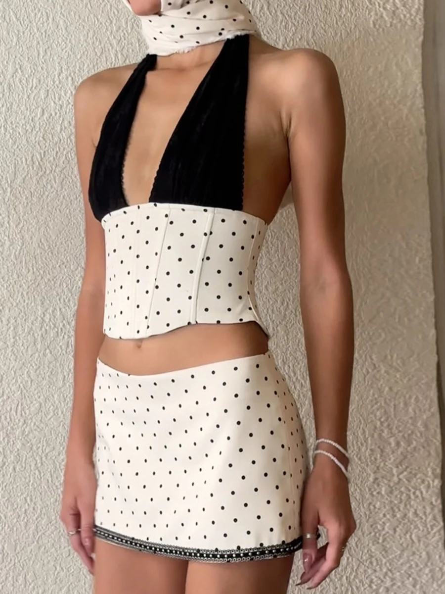 WEIRD PUSS Retro Sle Polka Dot Print ter Ne Colete Feminino Slim Fit Saia de Cintura Baixa Conjunto Verão Casual Faion Ensemble